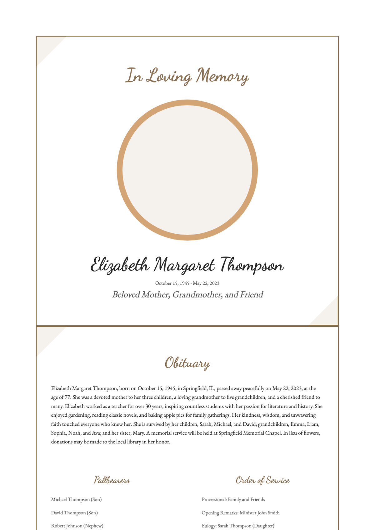 Elegant funeral program with floral borders and photo placeholder_variant_1